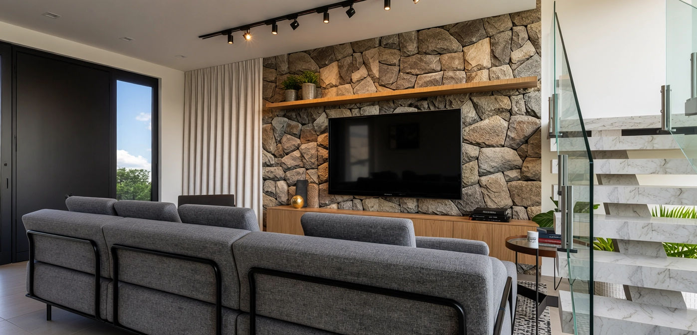 Sala de estar com parede de pedra e TV, projeto de Karla Kétbe Arquitetura