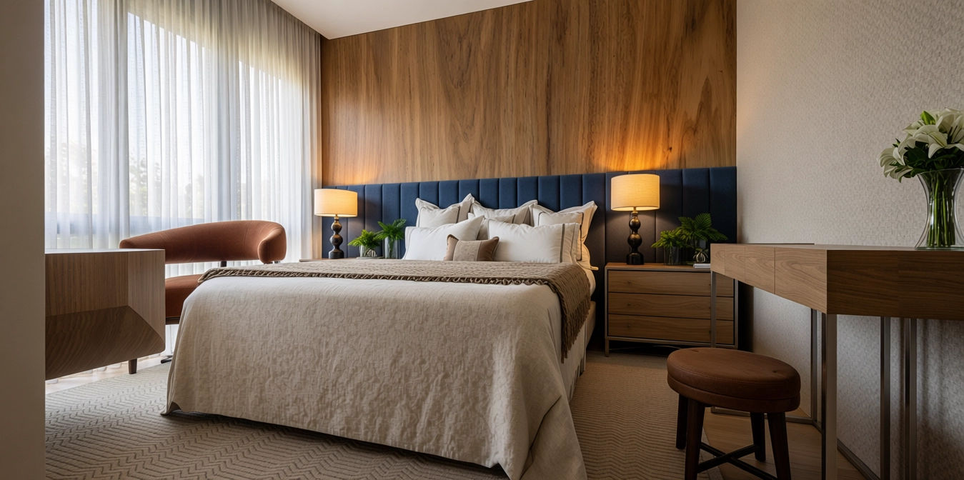 Quarto de casal com painel de madeira e cabeceira azul-marinho, projeto de Karla Kétbe Arquitetura