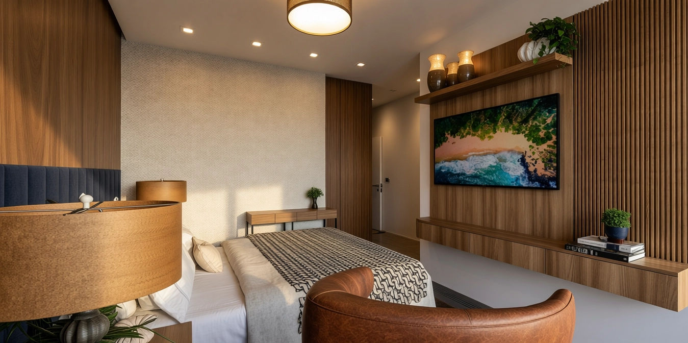 Quarto com painel de TV e poltrona de couro, projeto de interiores por Karla Kétbe Arquitetura