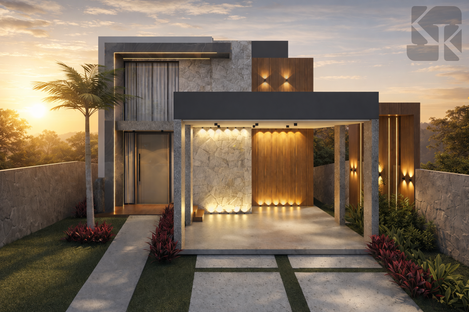 Fachada residencial moderna ao entardecer, projeto de Karla Kétbe Arquitetura