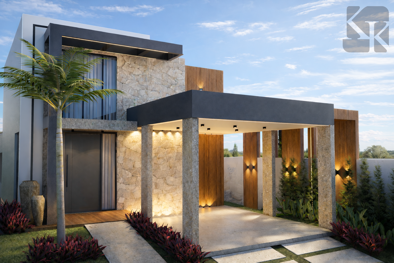 Fachada residencial moderna projetada por Karla Kétbe Arquitetura