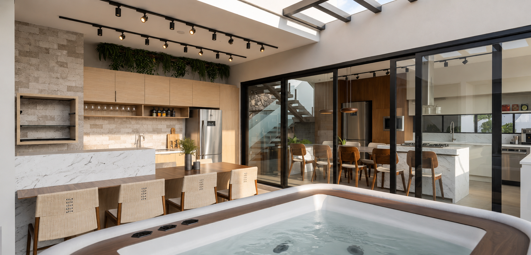 Área gourmet com hidromassagem integrada à cozinha, projeto de Karla Kétbe Arquitetura