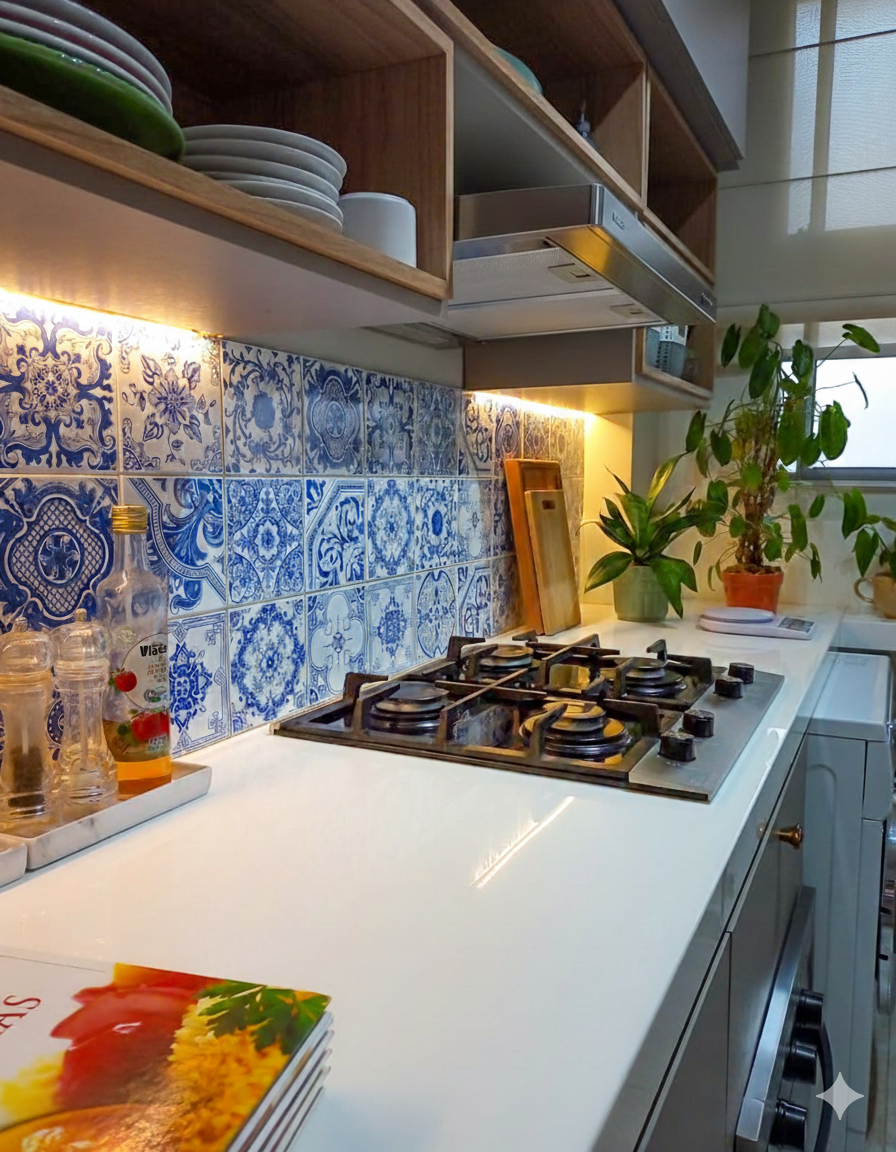 Cozinha planejada com revestimento em azulejo português, projeto de Karla Kétbe Arquitetura