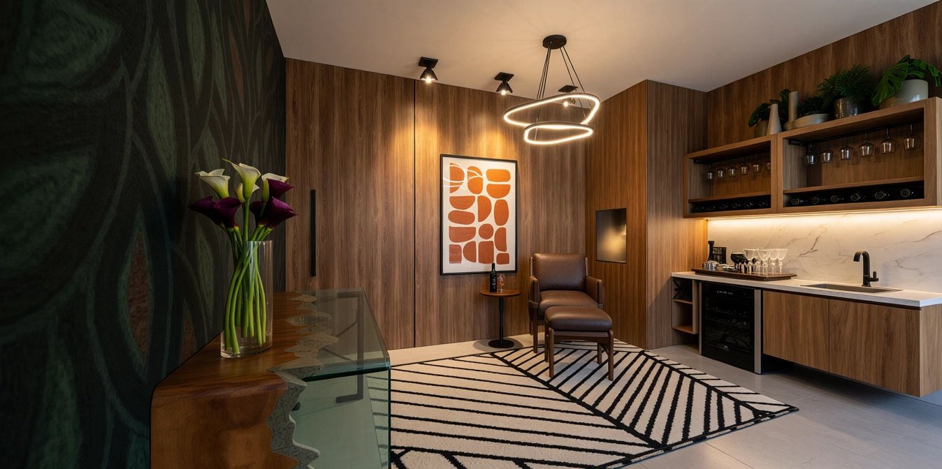 Sala com adega e bar planejados, projeto de interiores por Karla Kétbe Arquitetura